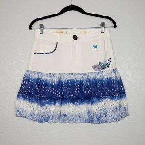 NWT Desigual White & Blue Tie Dye Denim‎ Lace Mini Skirt Size 4